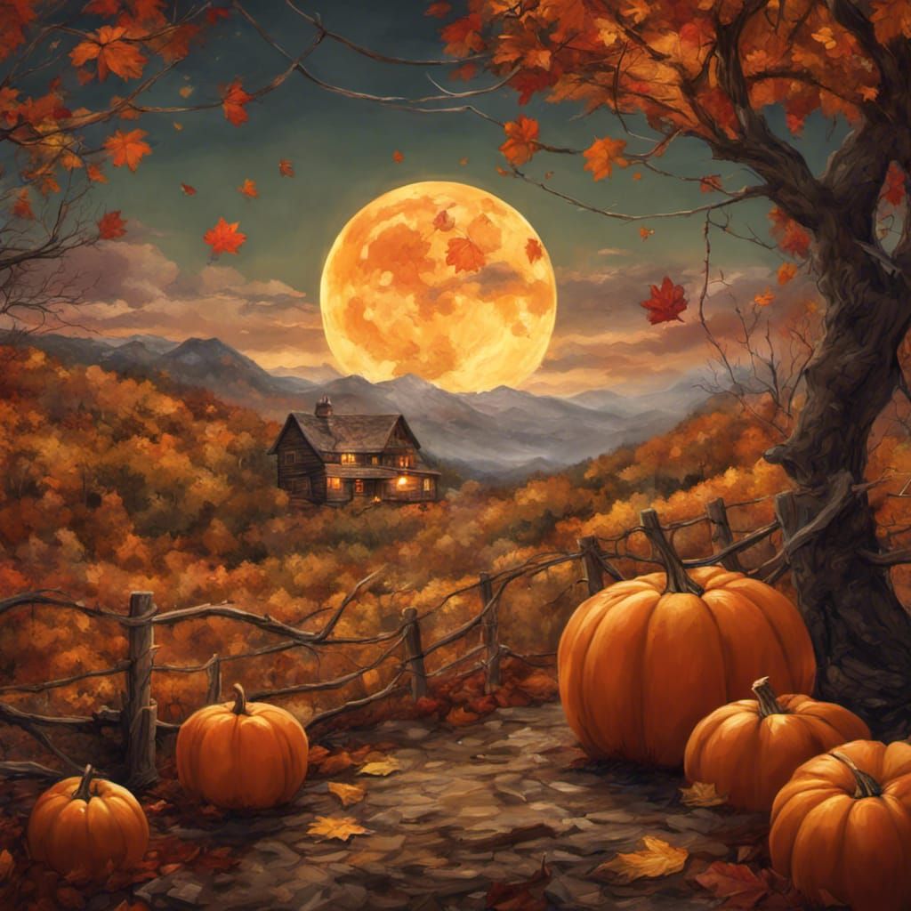 Cozy Autumn Scene with Harvest Moon