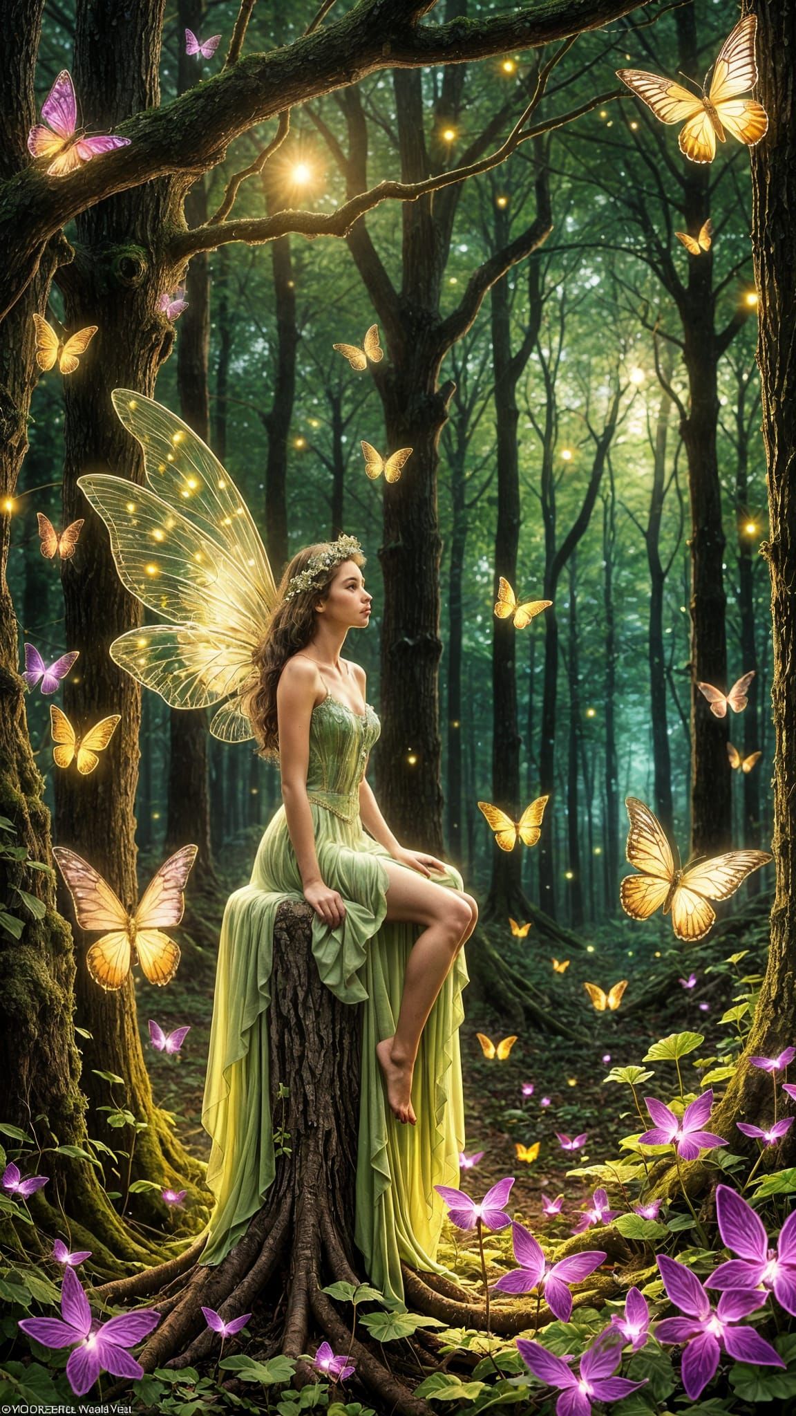 Glowing Fairy in Bioluminescent Night Garden