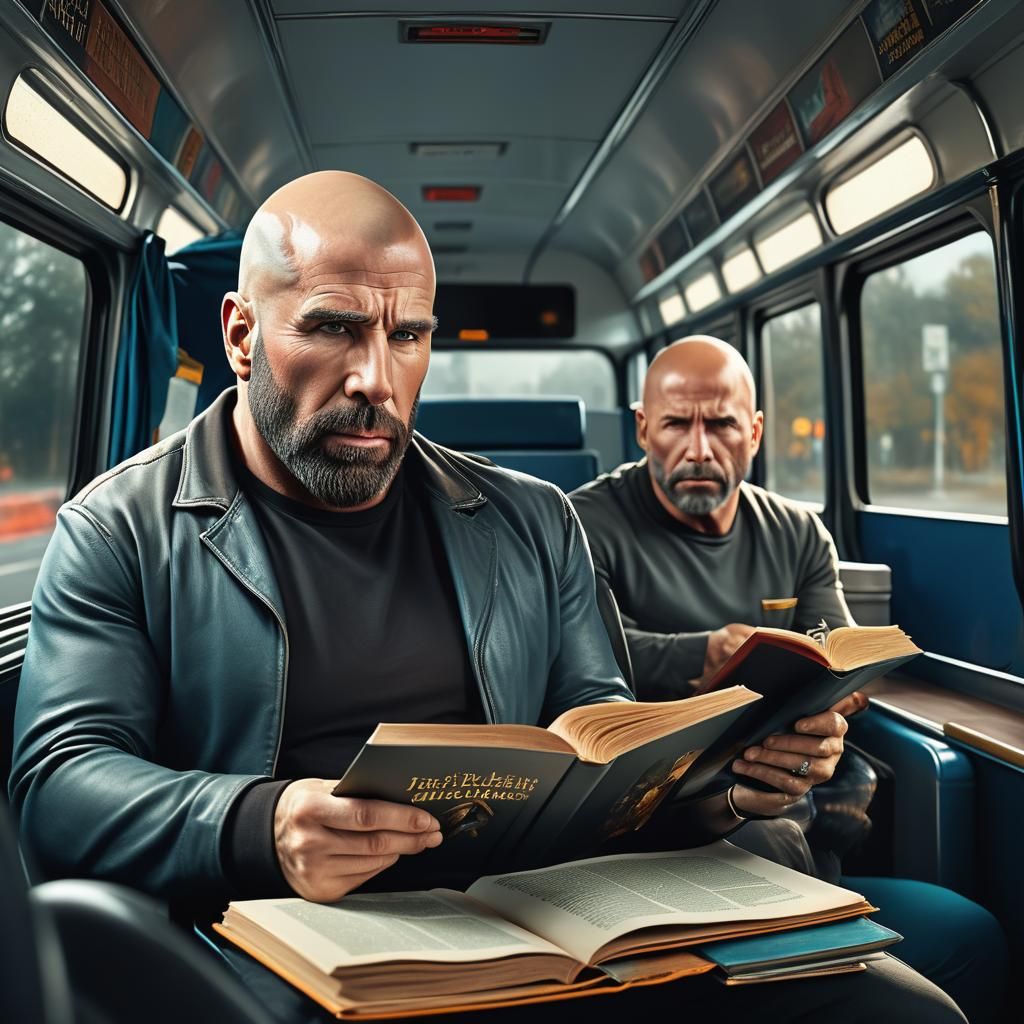 John Travolta Reading on a Bus: Hyperrealistic Portrait