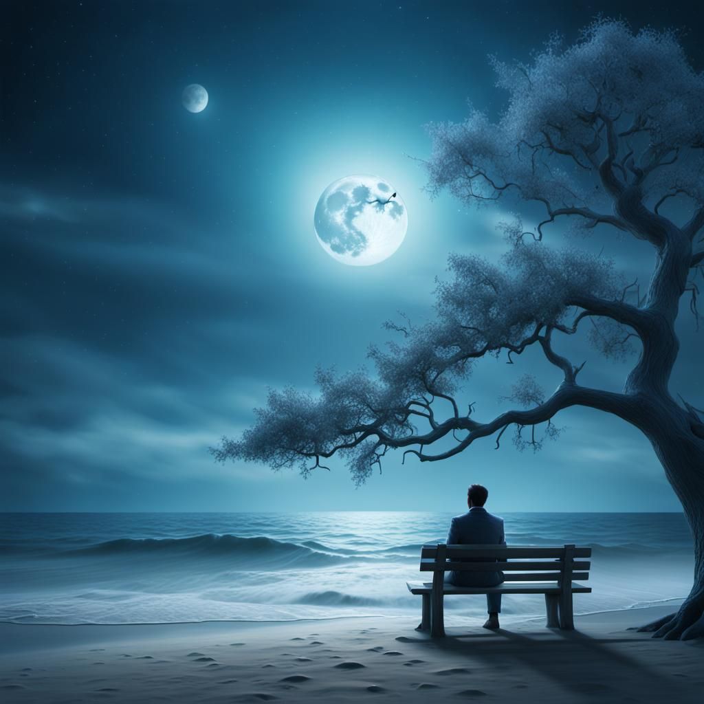 Mystical Beach Scene with Moon, in Surreal Style