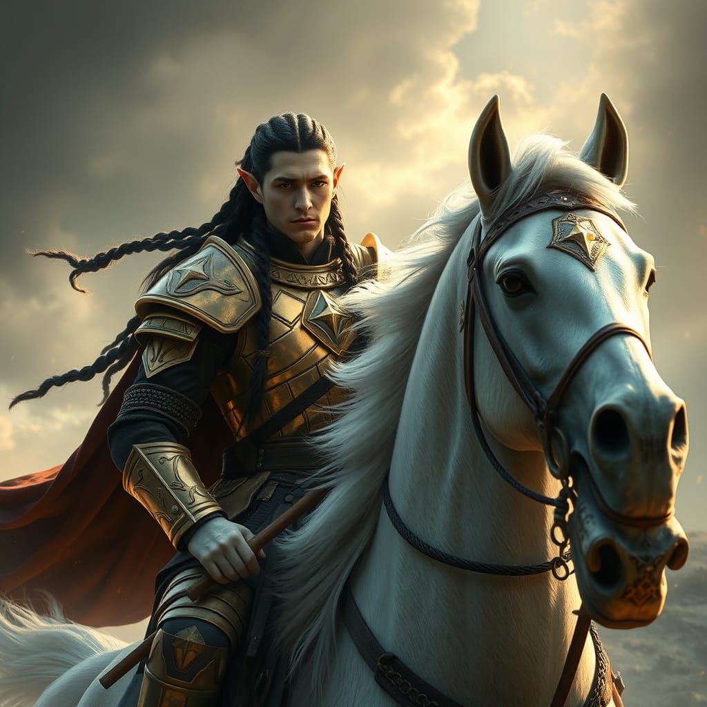 Elven War Prince on White Horse, Digital Matte Painting