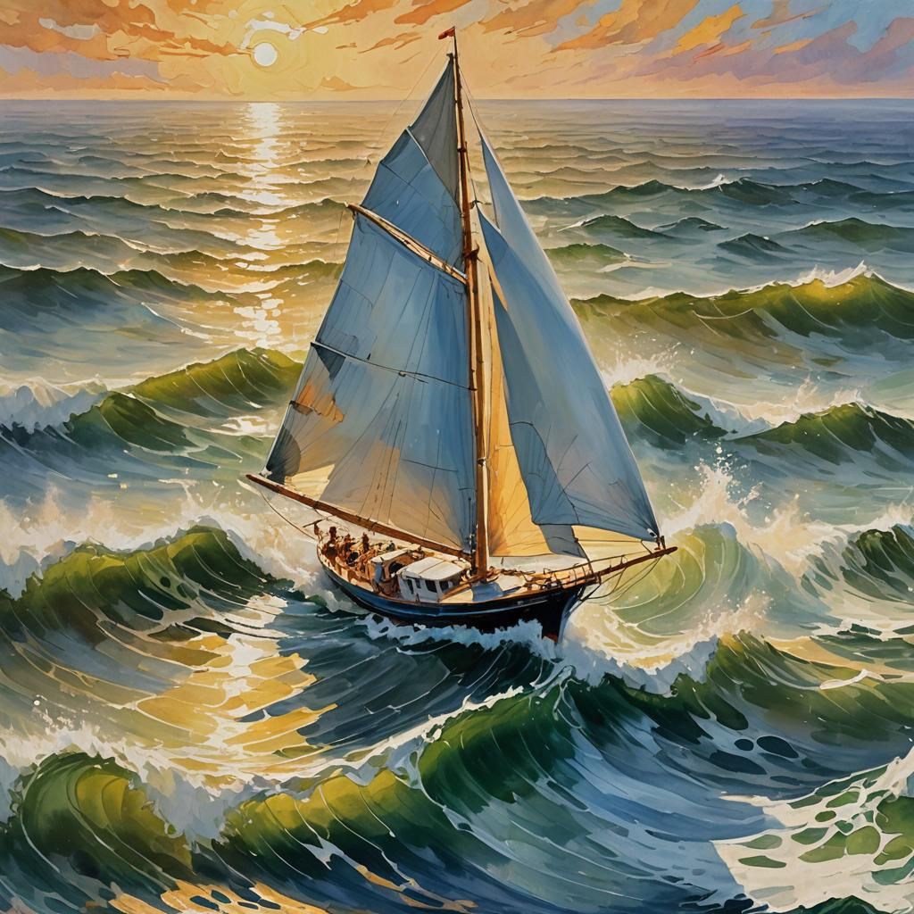 Impressionist Gouache Painting of Sailboat on Ocean