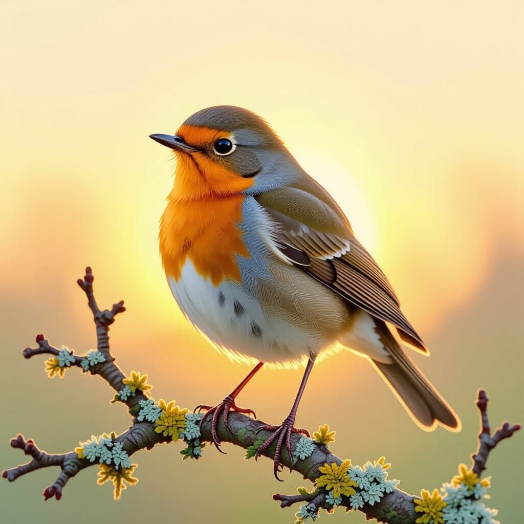 Robin in Golden Dawn Light, Vintage Illustration