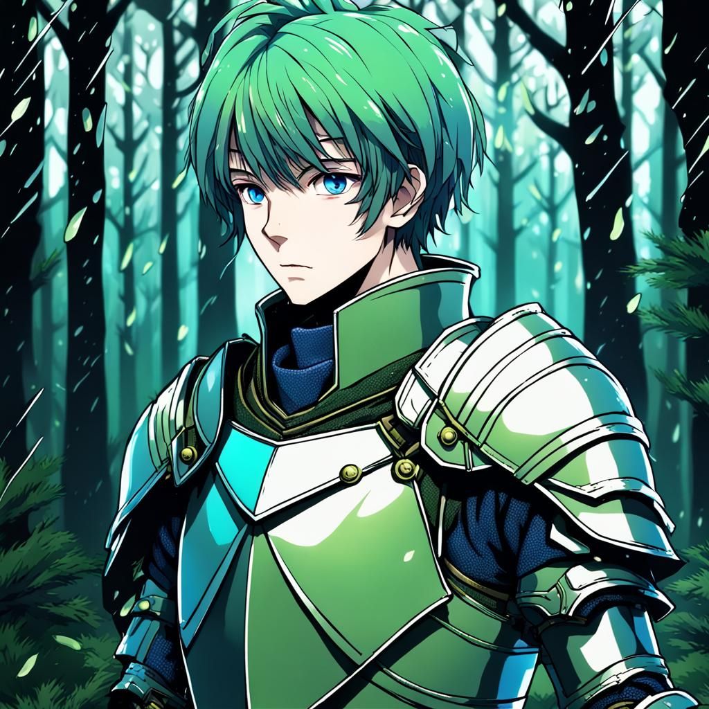 Anime Knight in Rainy Forest, High Contrast