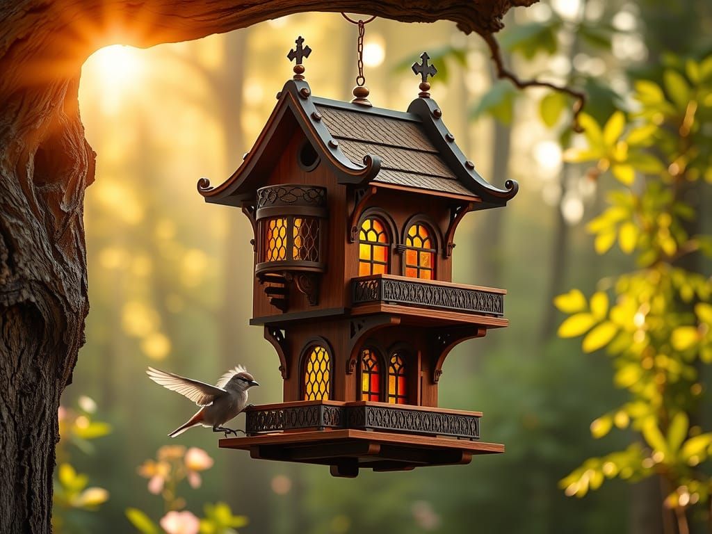 Majestic Birdhouse in Enchanted Forest, Hyperrealistic Photo...