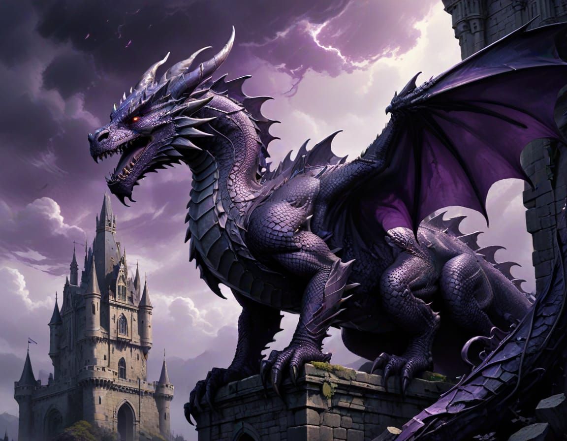 Obsidian Dragon Coiled Around Gothic Castle Spire