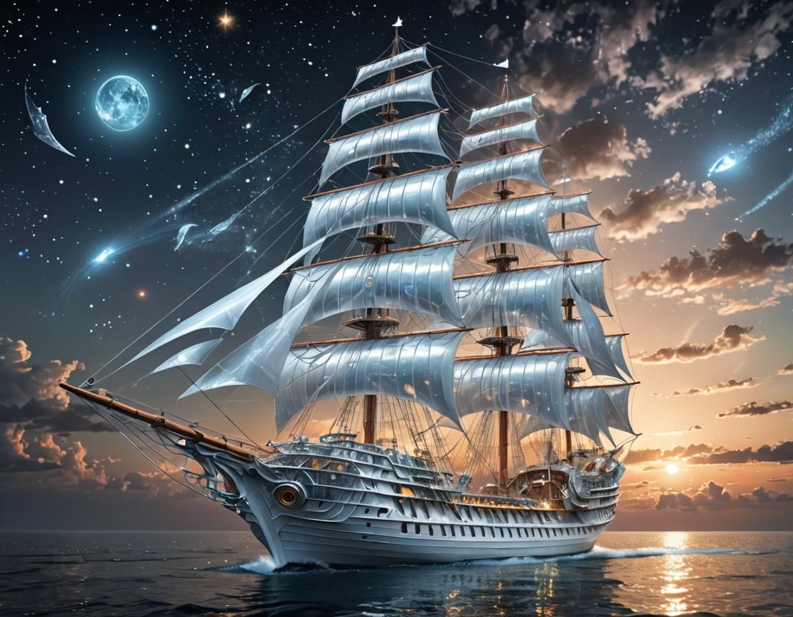 Futuristic Iridescent Ship Sailing a Starry Sky