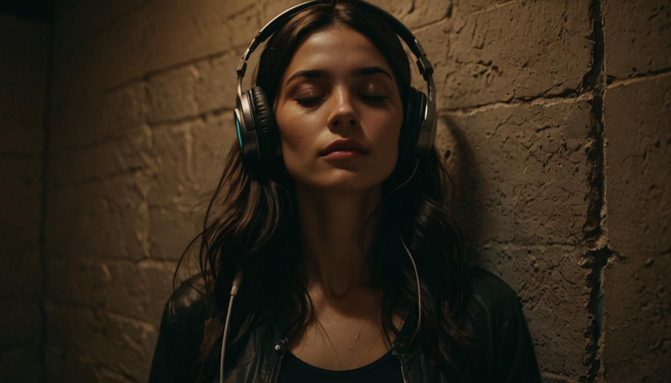 Hyperrealistic Woman Listening to Music in Cinematic Lightin...