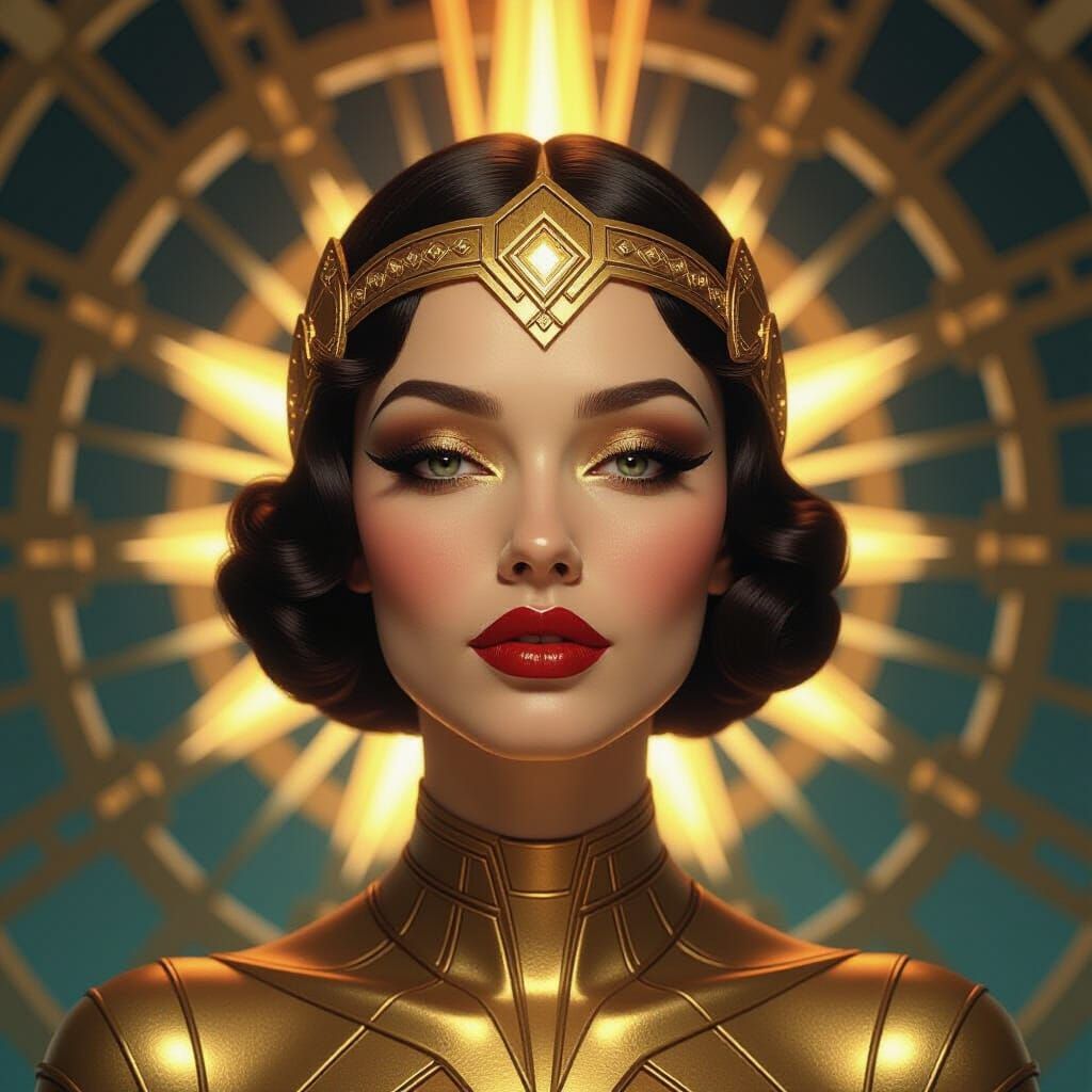 Art Deco Goddess with Golden Skin and Geometric Headpiece