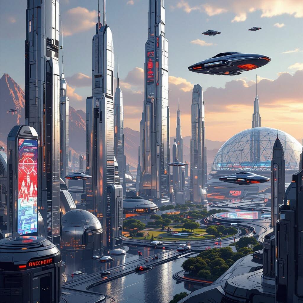 Futuristic Martian Cityscape in Art Deco Cyberpunk Style