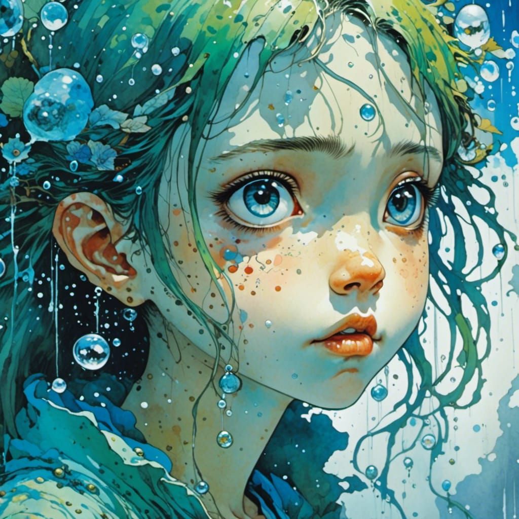 Anime Woman Portrait with Raindrops in Watercolor Style