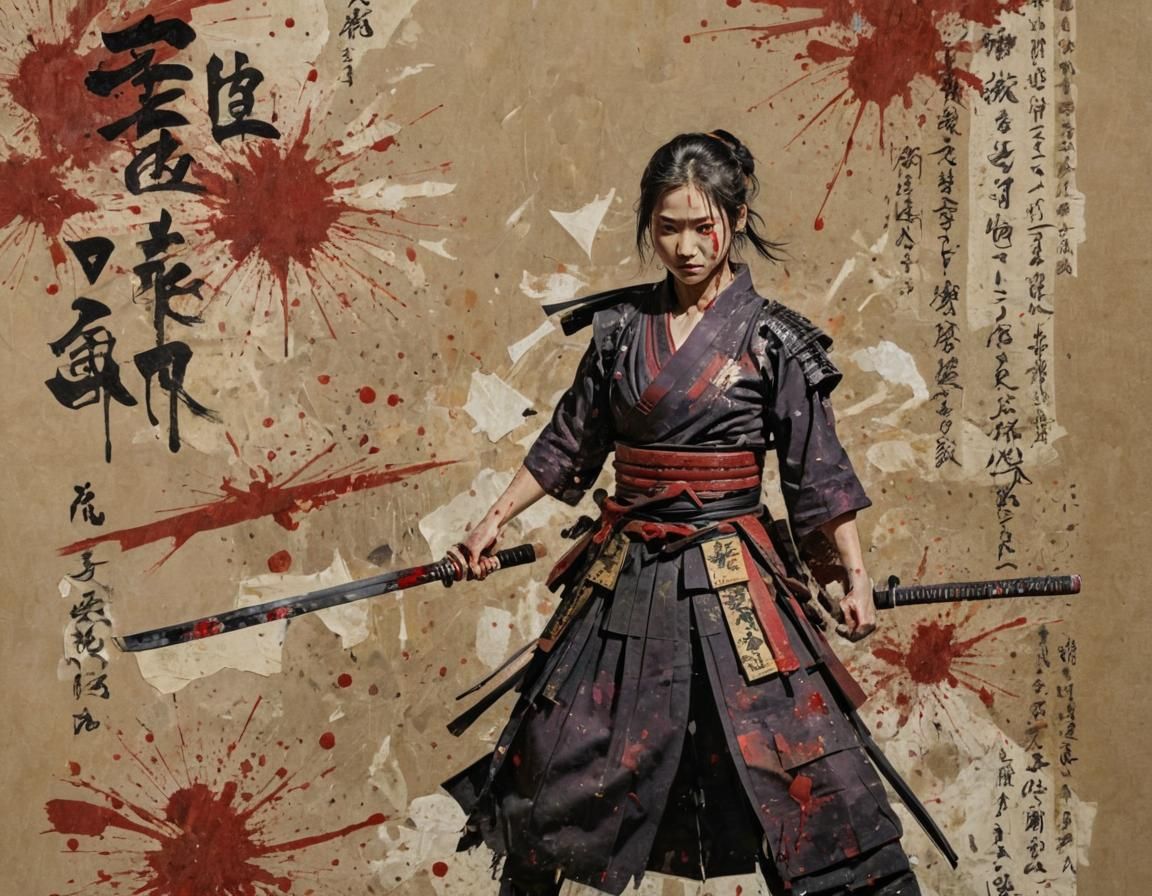 Samurai Bloodied Blade in Mixed Media Collage