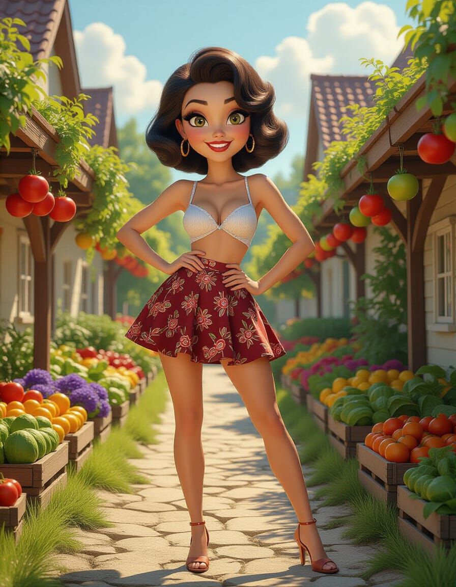 Woman in Gypsy Skirt in Dreamlike Garden with Mountains