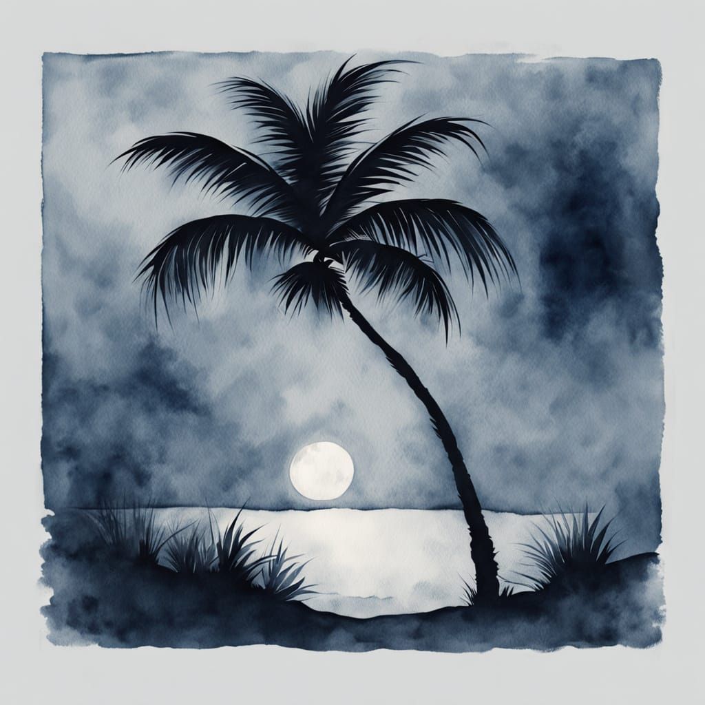 Ink Wash Palm Tree Under Moonlight