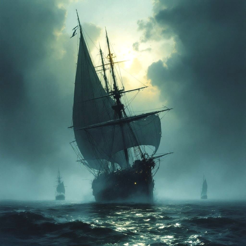 Dieselpunk Ship on Dark Sea as Watercolor Painting