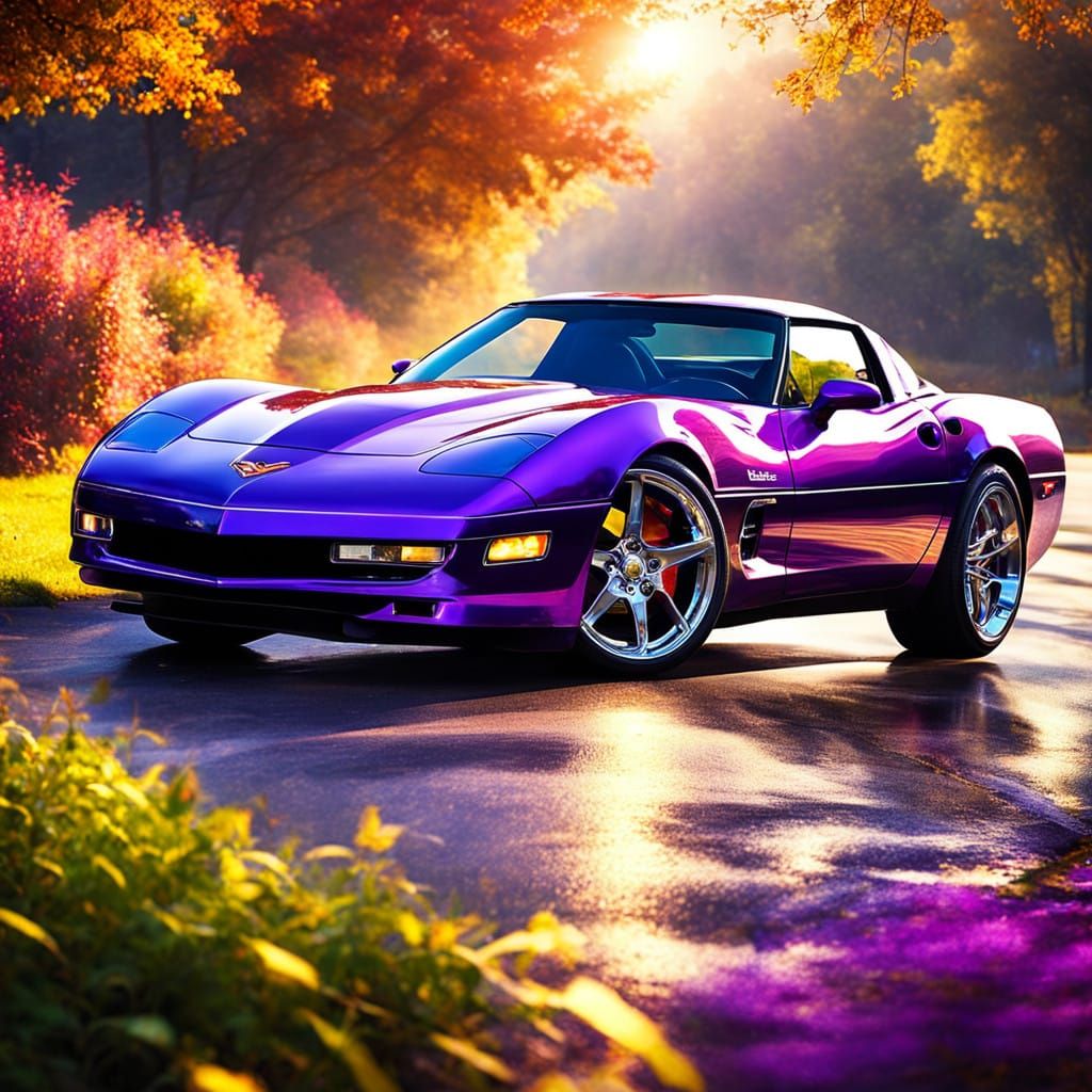 1980s Purple Corvette on Autumn Countryside Road
