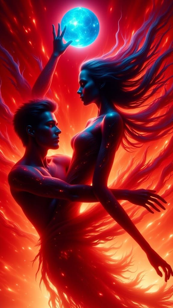 Ethereal Figures Dance Amidst Vibrant Red and Electric Blue