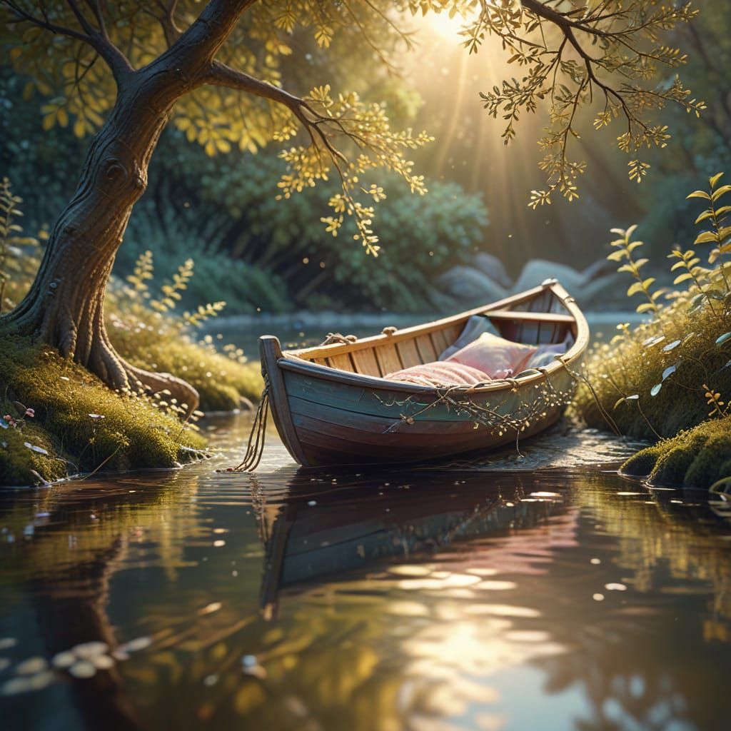 Newborn in Boat on River in Fantasy Art Style