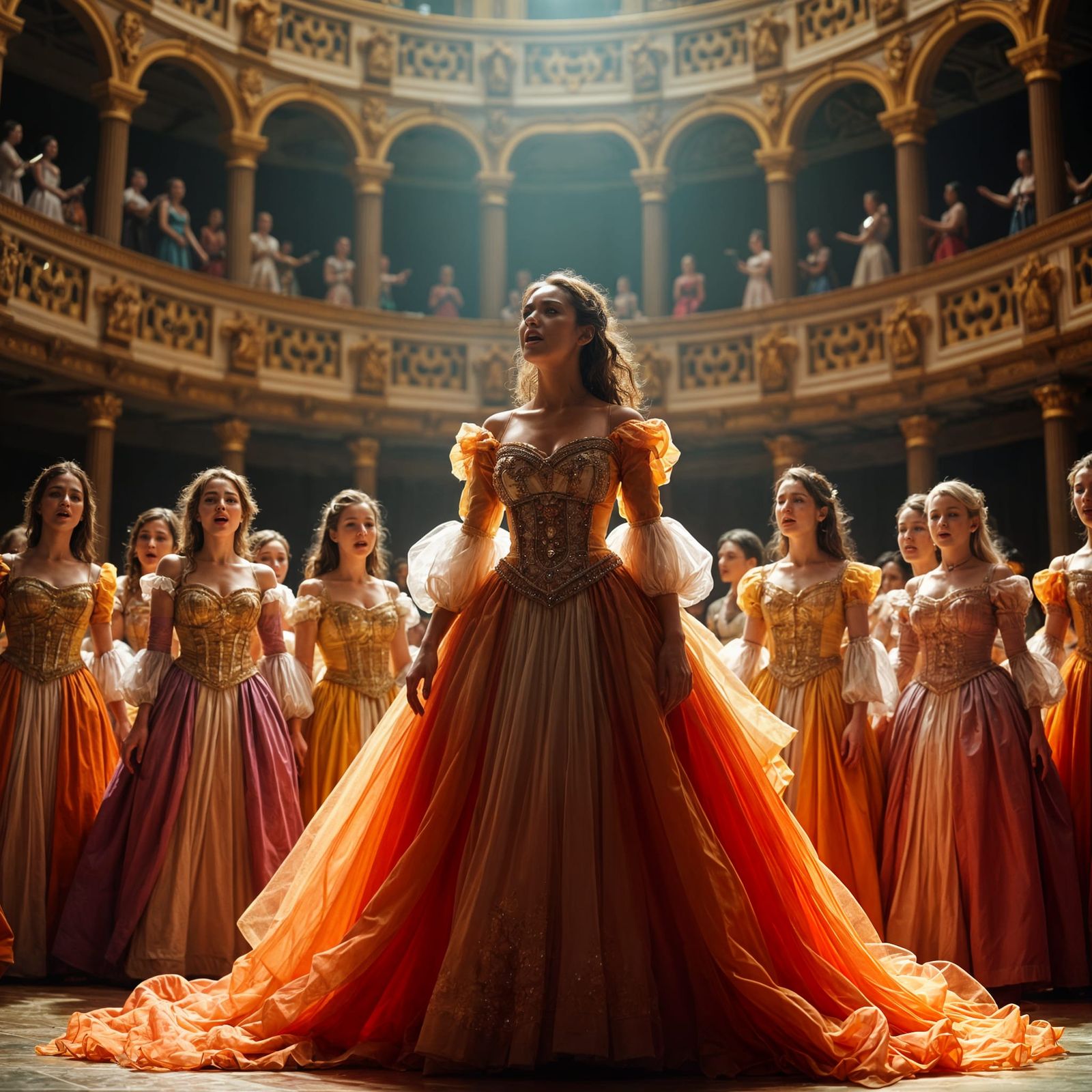 Woman in Period Costume Singing on Stage