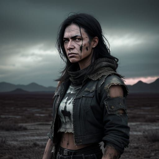 Desolate Landscape Portrait: Dirty Woman in Moody Light