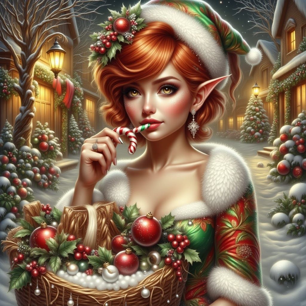Festive Elf Woman Holding Candy Cane in Storybook Style