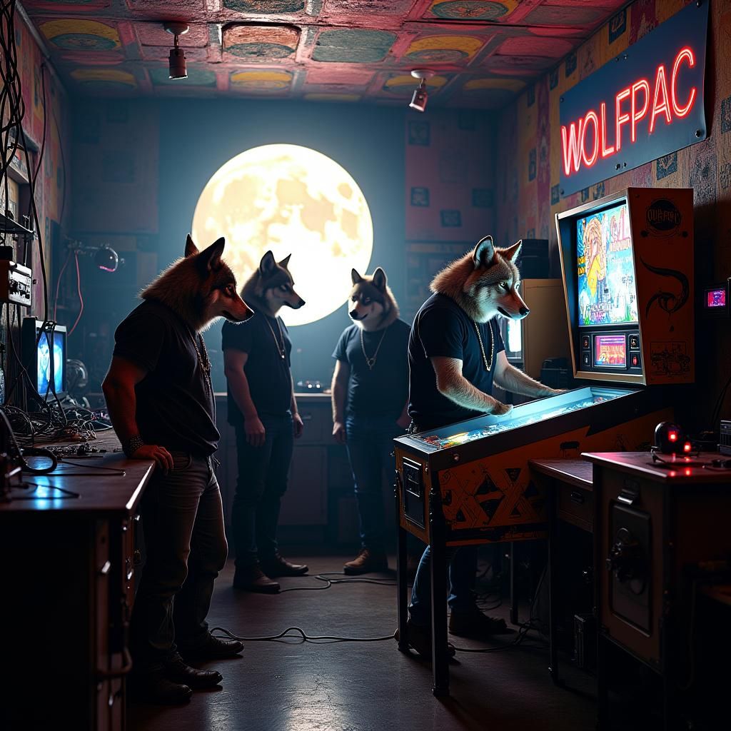 Wolves Play Pinball in Moonlit Electronics Lab