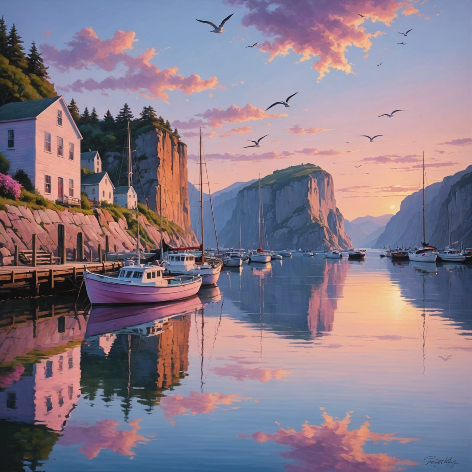 Dawn Harbor Serenity in Soft Oil Pastels