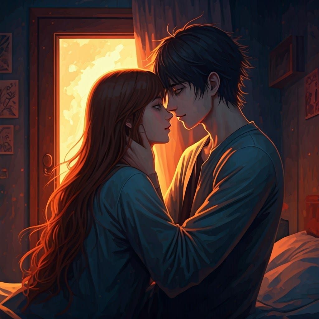 Hyperrealistic Couple Embrace in Bedroom Concept Art
