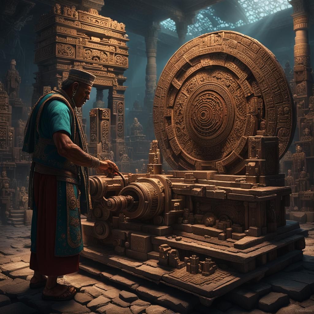 Mayan Priest and Antikythera Mechanism: Dark Fantasy Art
