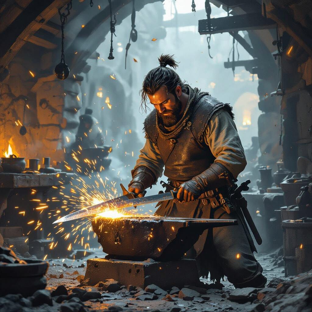 Medieval Blacksmith Sharpening Swords in Dark Forge