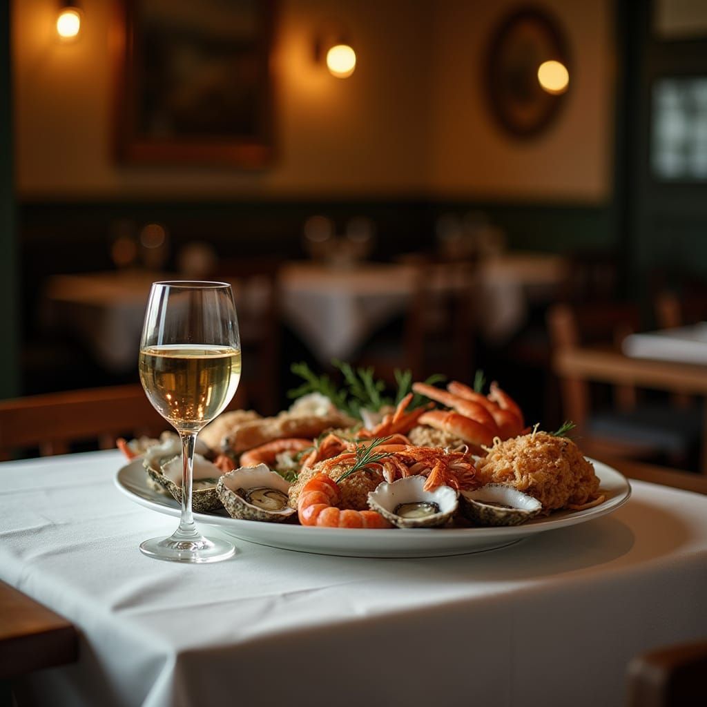 Cozy Restaurant Still Life with Seafood and Wine