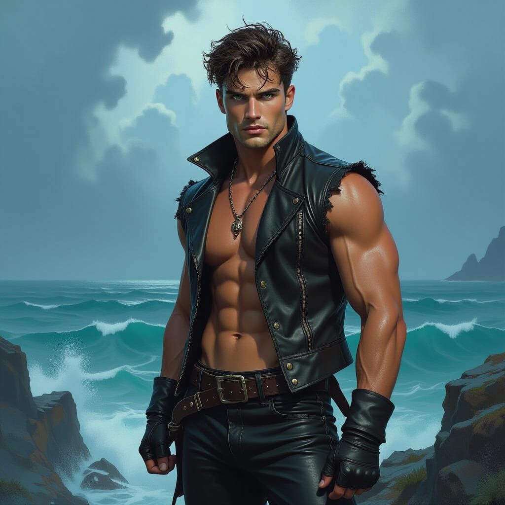 Green-Eyed Man on Cliff, in Fantasy Art Style