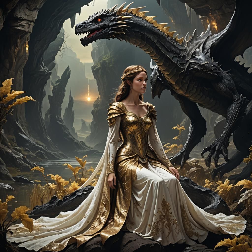 Princess and Dragon in Bioluminescent Cave