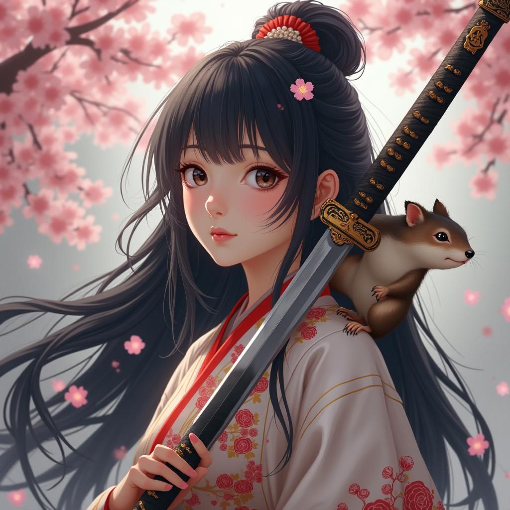 Japanese Swordswoman with Squirrel in Dreamlike Splendor