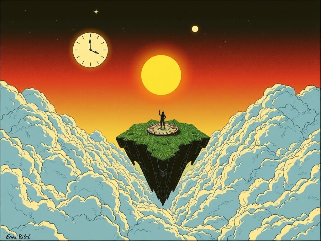 Floating Island Lit by Sun and Moon in Retrofuturistic Style