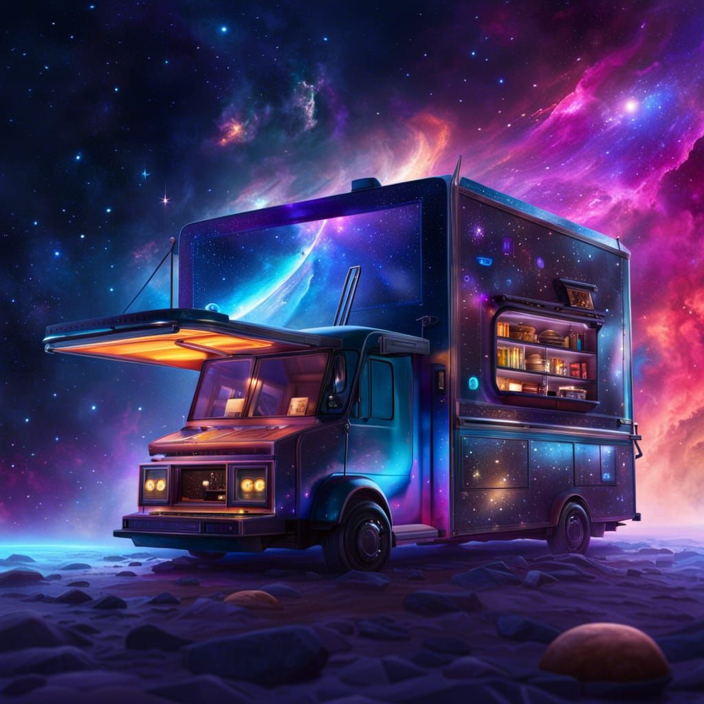 Cosmic Coffee Truck: Hyperrealistic Galaxy Scene