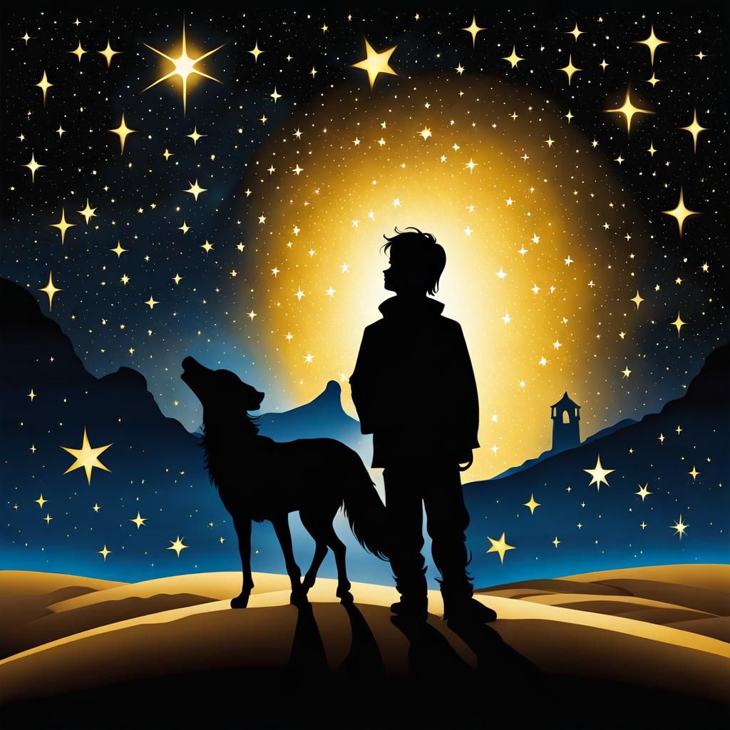 Little Prince and Fox Silhouette Under Starry Sky