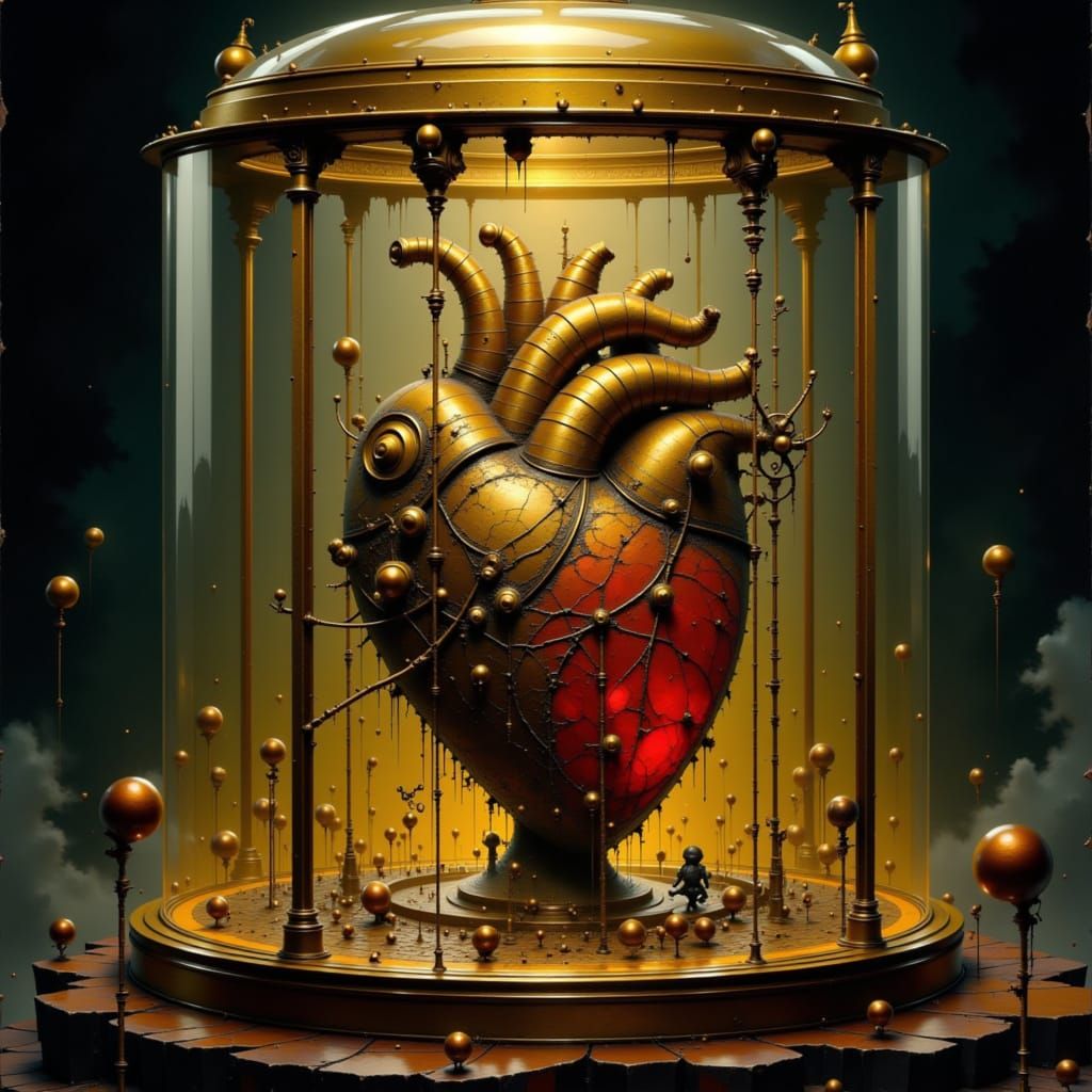 Clockwork Heart in Glass Case, Steampunk Fantasy Art