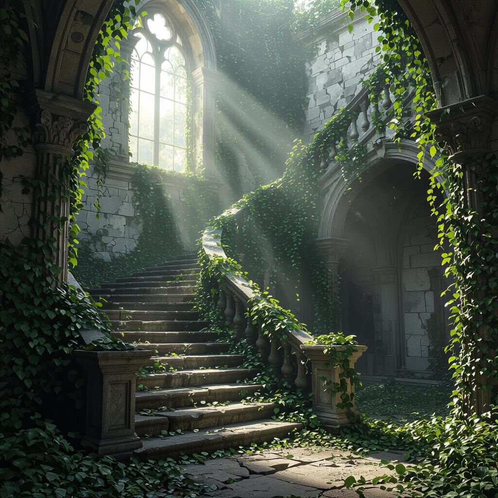 Crumbling Palace Staircase Overgrown with Ivy