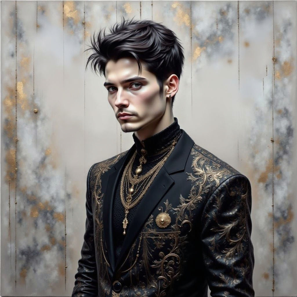 Gothic Man Portrait with Feather and Lace Textures