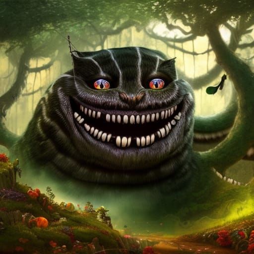 Grinning Caterpillar in Wonderland: Dark Fantasy Art