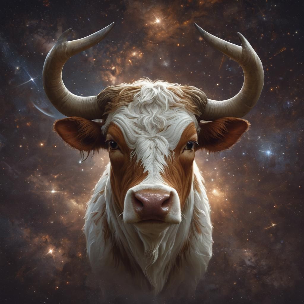 Wonky Horn Bull Portrait Amongst the Stars