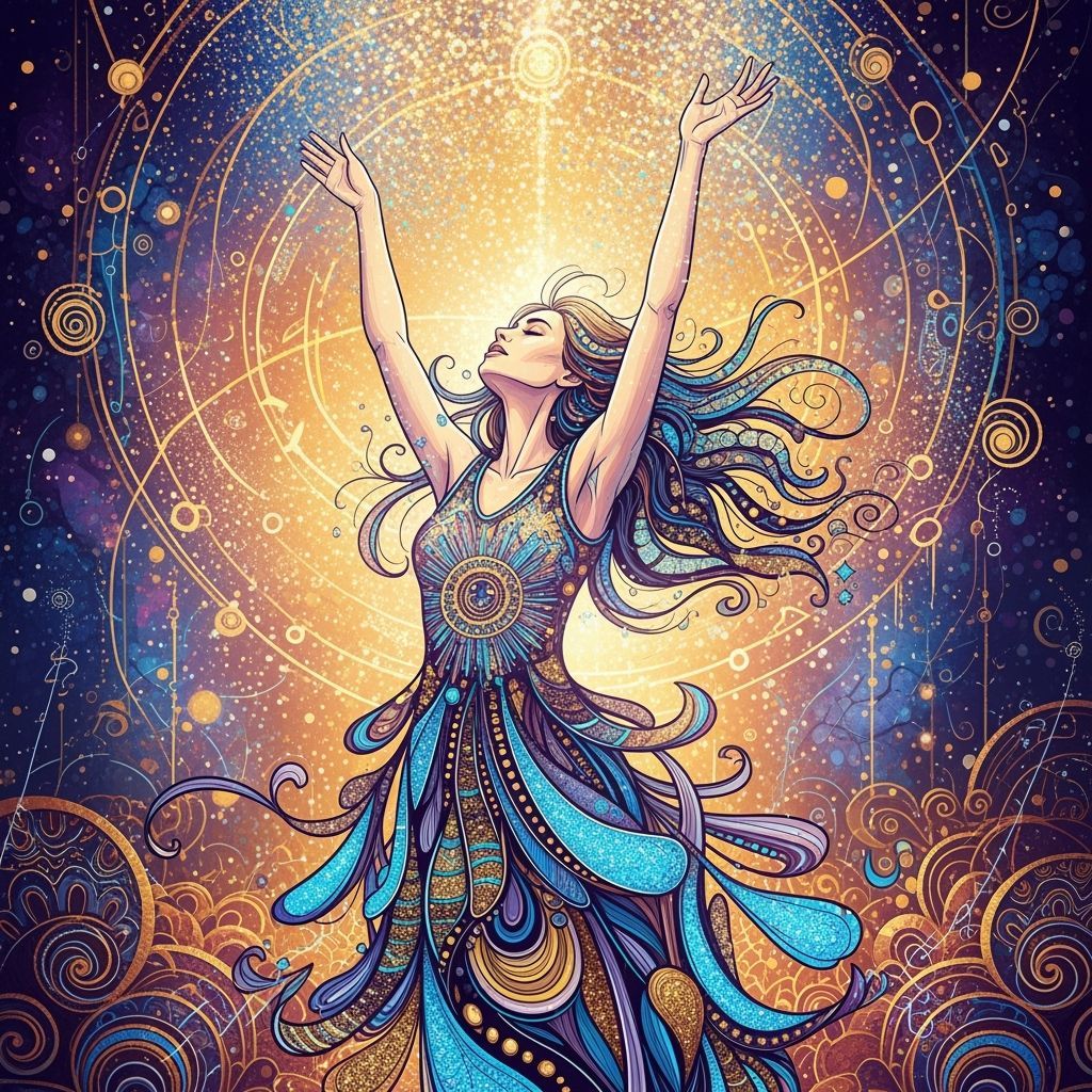 Woman Ascends in Glitter and Gold with Ethereal Movement