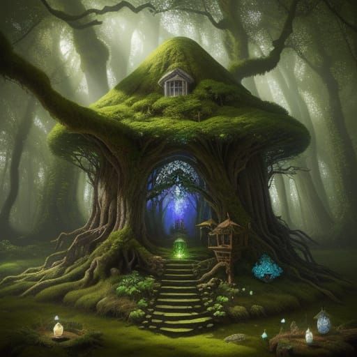 Enchanted Forest Grove with Gnome Reading Tome