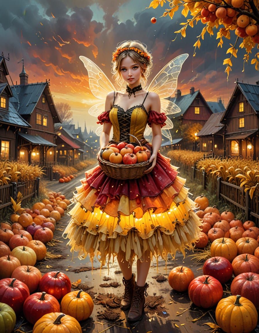 Fairy in Autumn Harvest Cityscape
