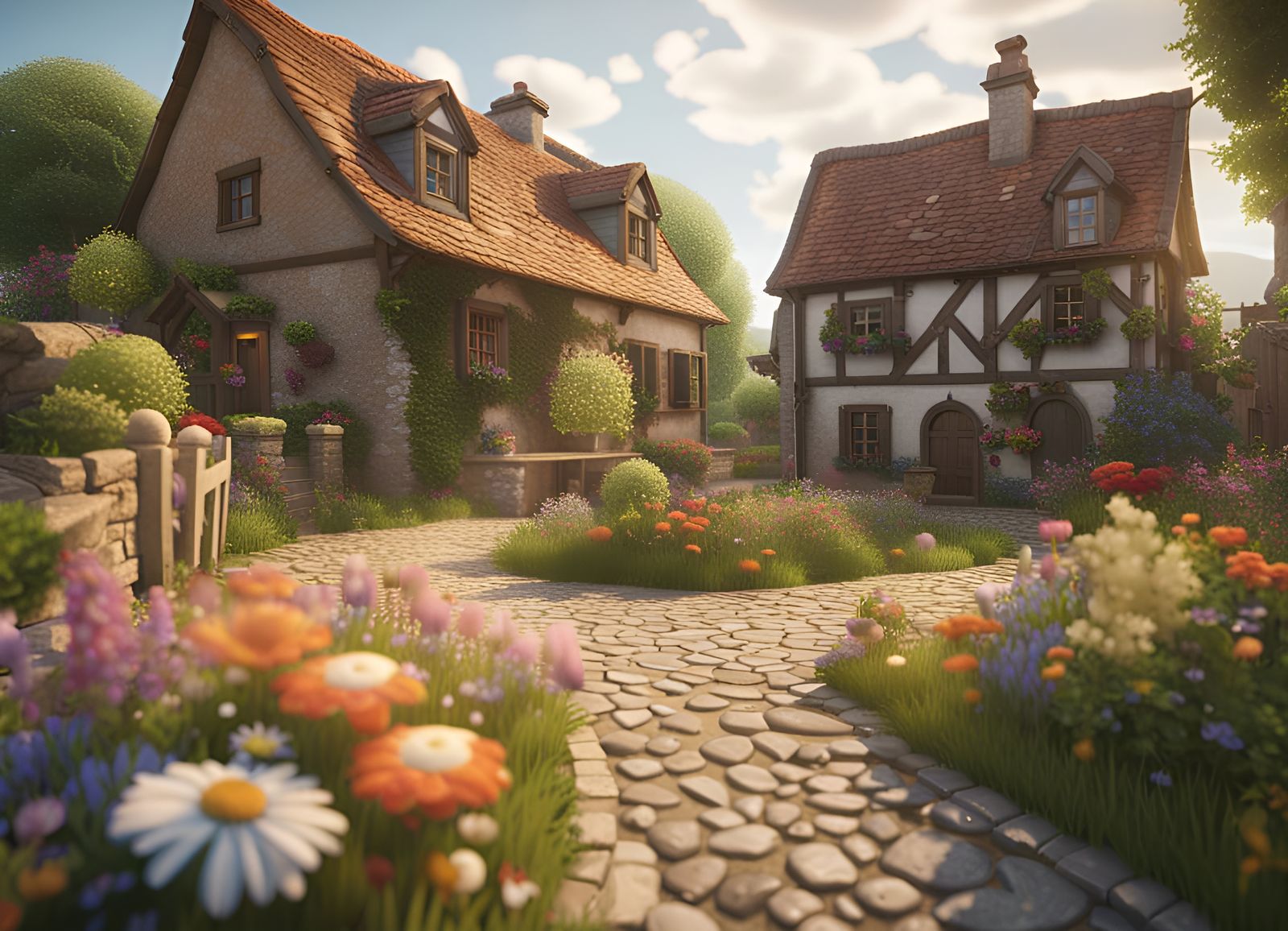 Quaint Cottages and Flower Gardens in 3D