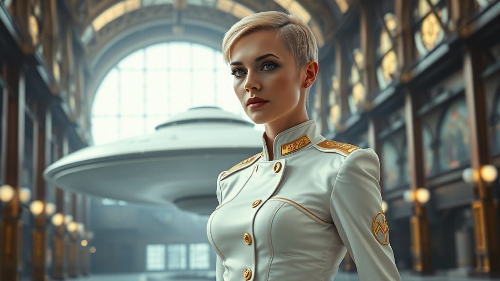 Futuristic Woman in Flying Saucer Factory