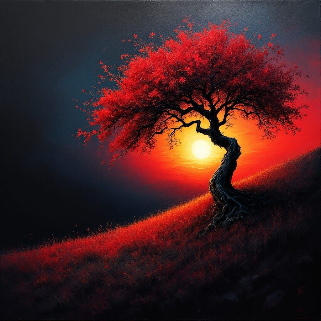 Twisted Tree Silhouetted at Sunset