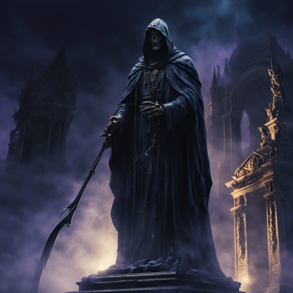Grim Reaper Worships Statue in Dark Fantasy Art