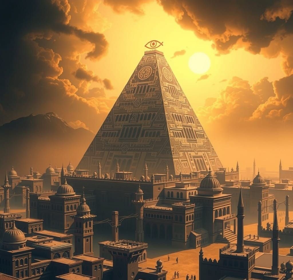 Levitating Pyramid Over Desert City With Eye